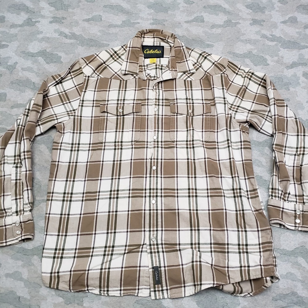 Cabelas‎ Shirt Mens Large Brown Pockets Flannel Plaid Pearl Snap